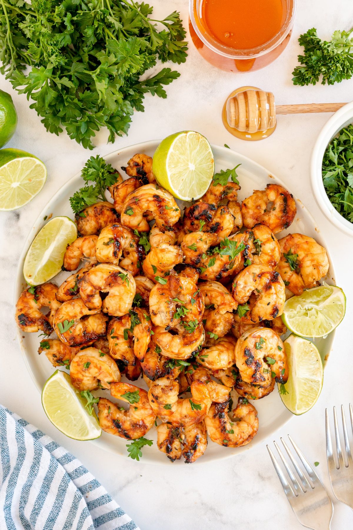 garlic honey shrimp on white plate