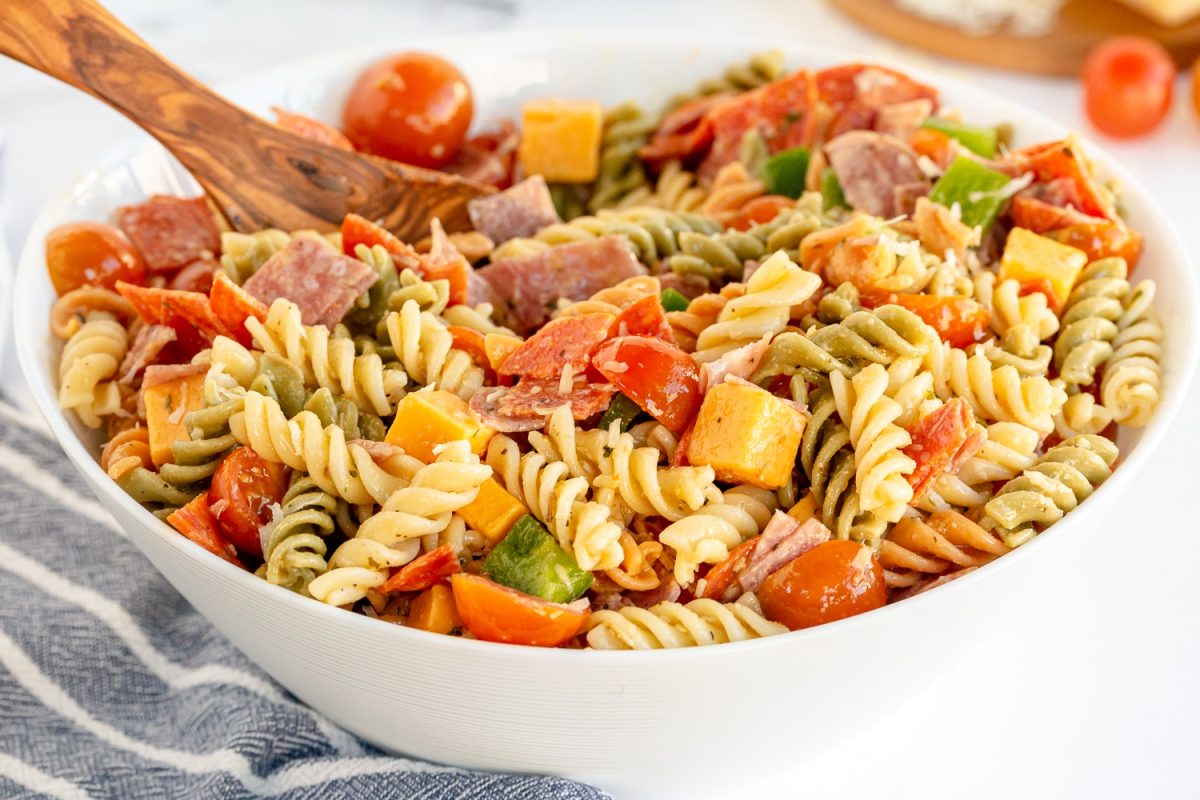 pasta salad in a bowl with italian dressing