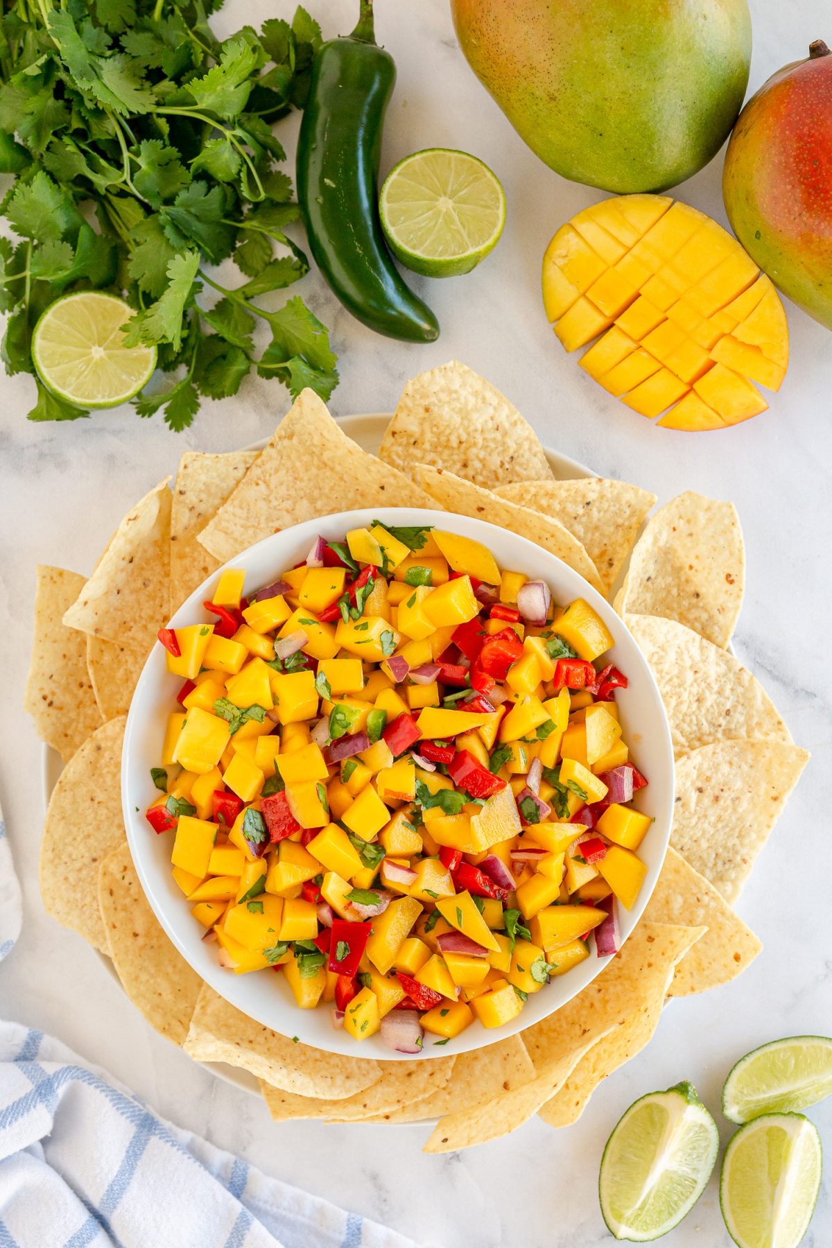 Mango salsa in bowl with tortilla chips around it. Cut up mango next to bowl
