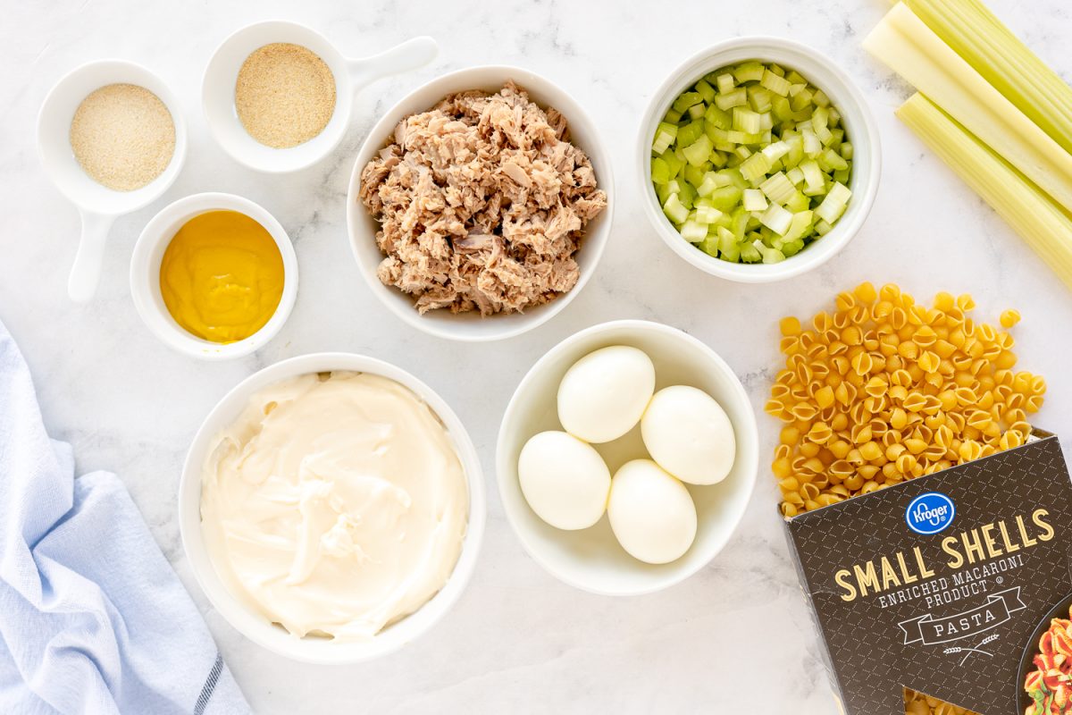tuna salad ingredients on kitchen counter in small bowls