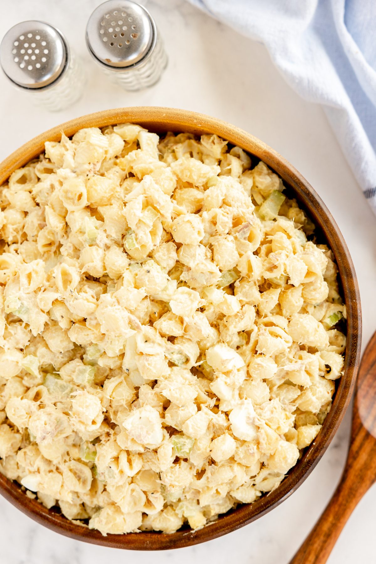 Tuna Macaroni Salad in Wooden Serving Bowl on counter